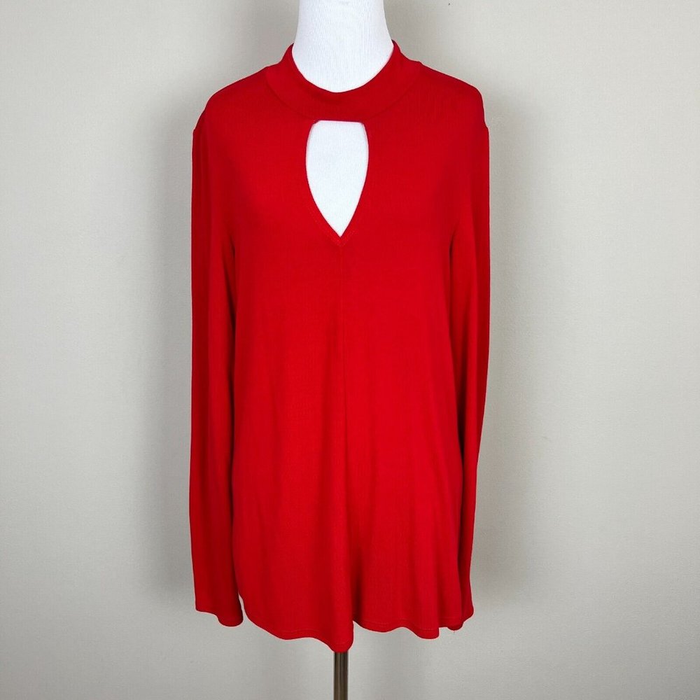 Bardot Top Womens Large 10 Red Cut Out Choker V-Neck Long Sleeve Stretch Knit‎